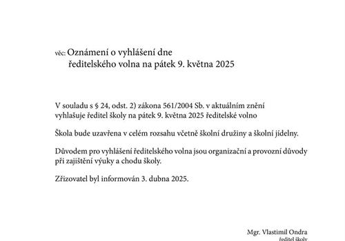 Ředitelské volno v pátek 9. 5. 2025